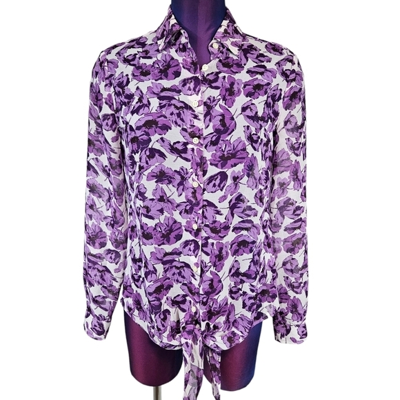Banana Republic‎ Purple & White Floral Semi Sheer Button Front Top Size 2 S36 - Picture 8 of 8